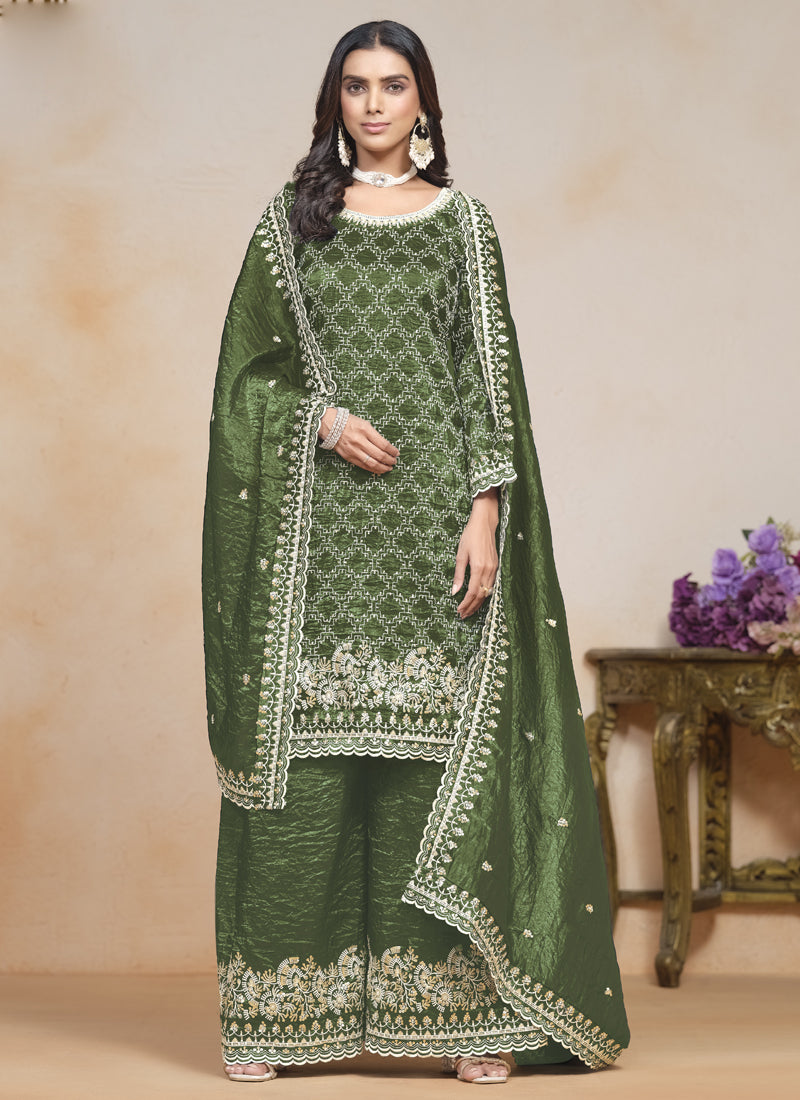 Mehendi Silk Embroidered Designer Palazzo Suit