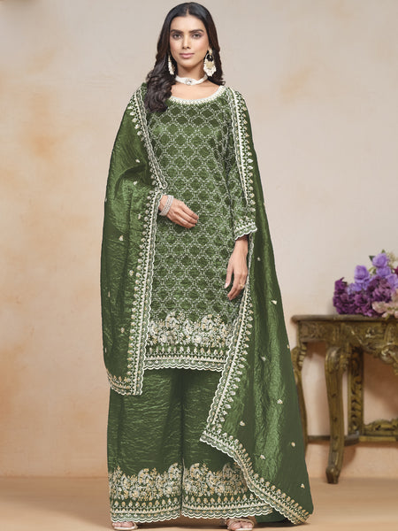 Mehendi Silk Embroidered Designer Palazzo Suit
