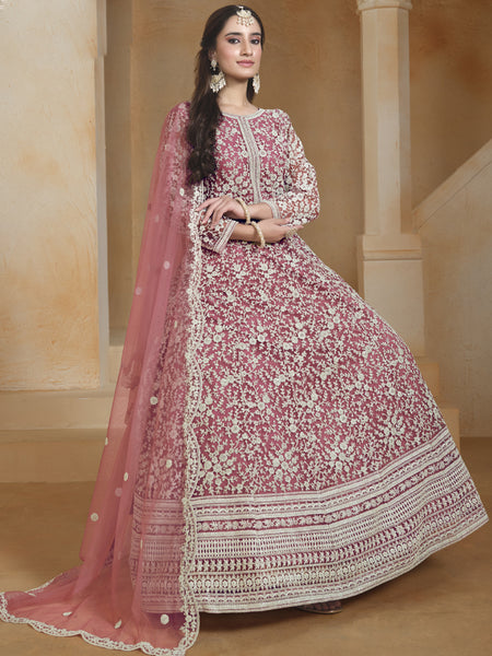 Onion Pink Net Embroidered Anarkali Suit