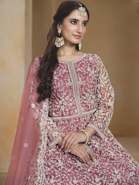 Onion Pink Net Embroidered Anarkali Suit