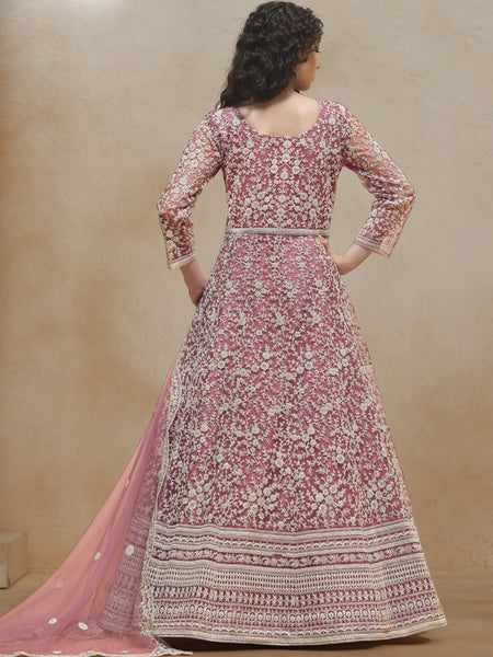 Onion Pink Net Embroidered Anarkali Suit