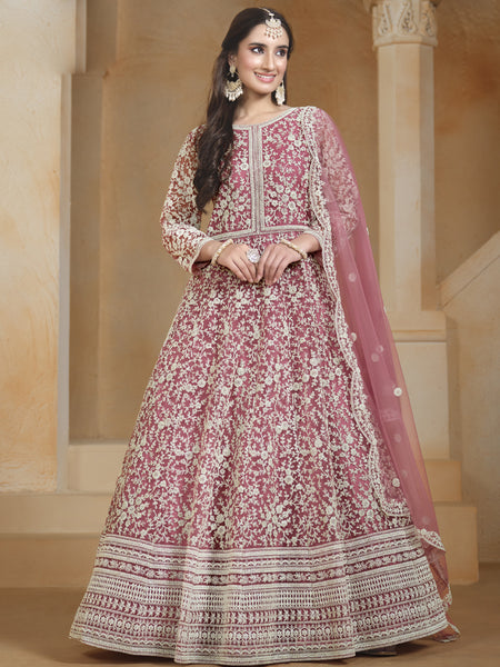 Onion Pink Net Embroidered Anarkali Suit