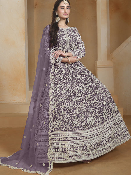 Light Purple Net Embroidered Anarkali Suit