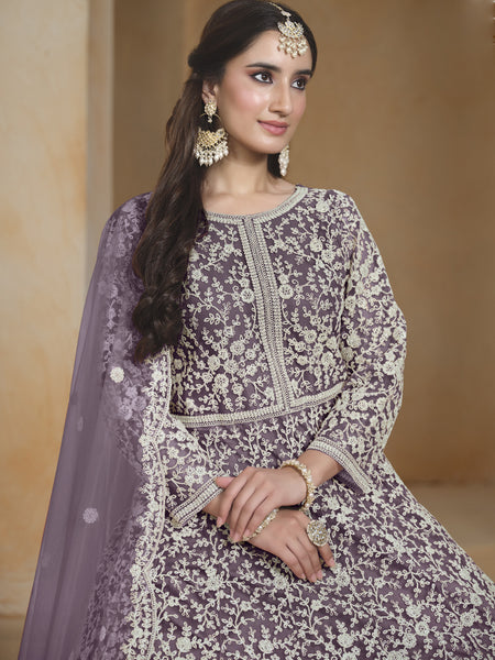 Light Purple Net Embroidered Anarkali Suit