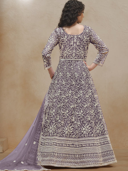 Light Purple Net Embroidered Anarkali Suit