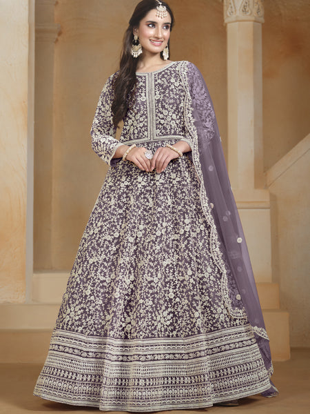 Light Purple Net Embroidered Anarkali Suit