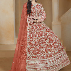 Orange Net Embroidered Anarkali Suit