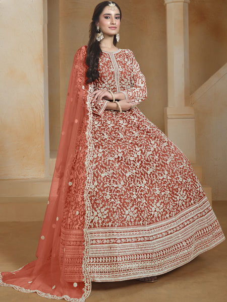 Orange Net Embroidered Anarkali Suit