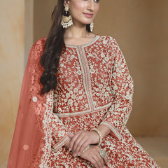 Orange Net Embroidered Anarkali Suit