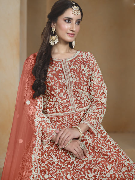 Orange Net Embroidered Anarkali Suit