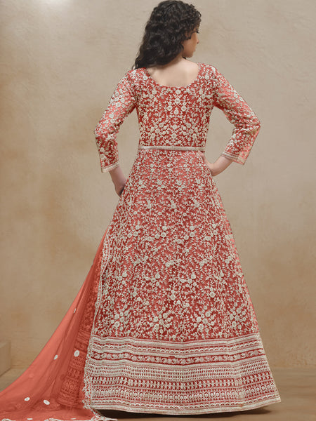 Orange Net Embroidered Anarkali Suit