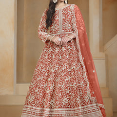 Orange Net Embroidered Anarkali Suit