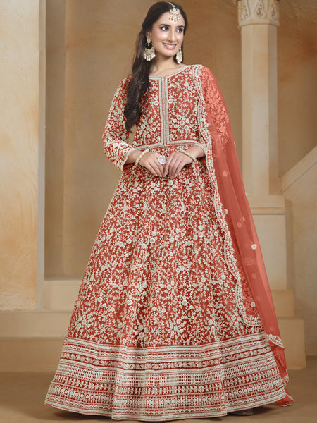 Orange Net Embroidered Anarkali Suit