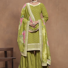 Parrot Green Roman Silk Embroidered Palazzo Suit