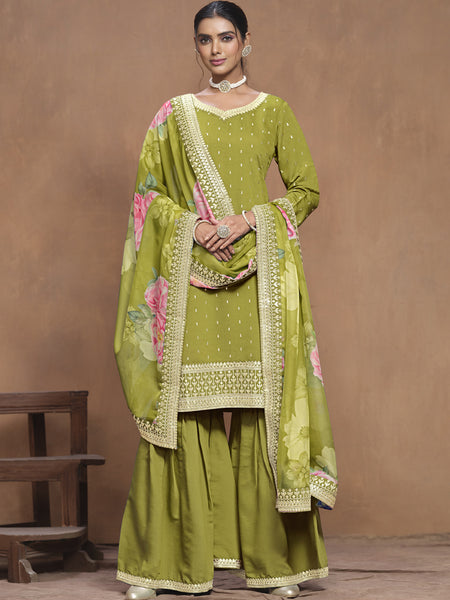 Parrot Green Roman Silk Embroidered Palazzo Suit