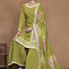 Parrot Green Roman Silk Embroidered Palazzo Suit