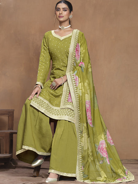 Parrot Green Roman Silk Embroidered Palazzo Suit