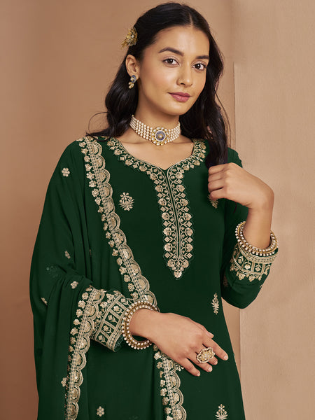Green Faux Georgette Embroidered Palazzo Suit