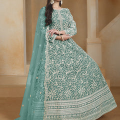 Sea Green Net Embroidered Anarkali Suit