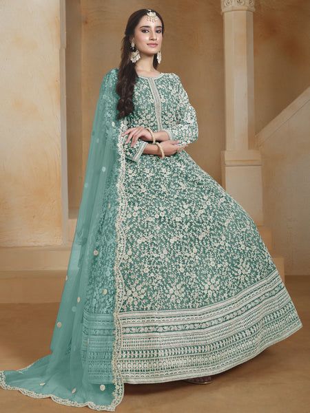 Sea Green Net Embroidered Anarkali Suit