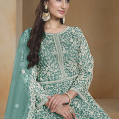 Sea Green Net Embroidered Anarkali Suit