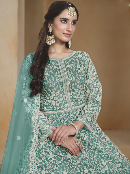 Sea Green Net Embroidered Anarkali Suit