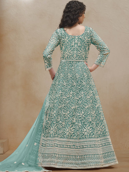 Sea Green Net Embroidered Anarkali Suit