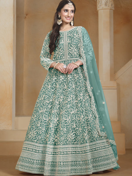 Sea Green Net Embroidered Anarkali Suit