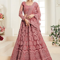 Rose Pink Butterfly Net Embroidered Wedding Wear Lehenga