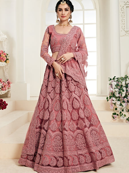 Rose Pink Butterfly Net Embroidered Wedding Wear Lehenga