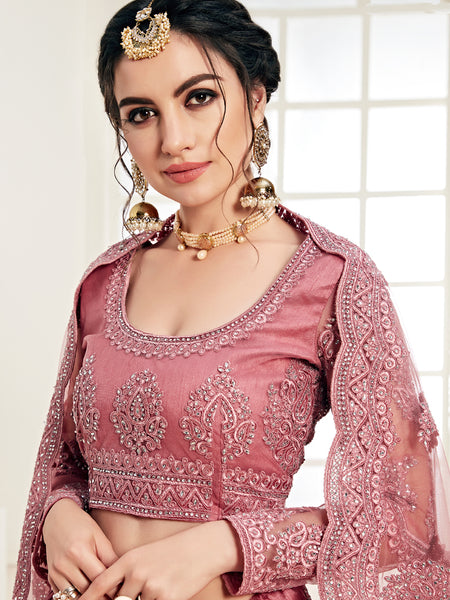 Rose Pink Butterfly Net Embroidered Wedding Wear Lehenga