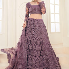 Lavender Heavy Butterfly Net Embroidered Wedding Wear Lehenga