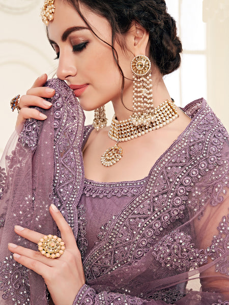 Lavender Heavy Butterfly Net Embroidered Wedding Wear Lehenga
