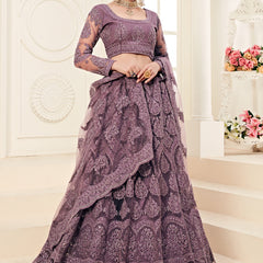 Lavender Heavy Butterfly Net Embroidered Wedding Wear Lehenga