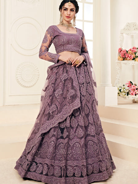 Lavender Heavy Butterfly Net Embroidered Wedding Wear Lehenga