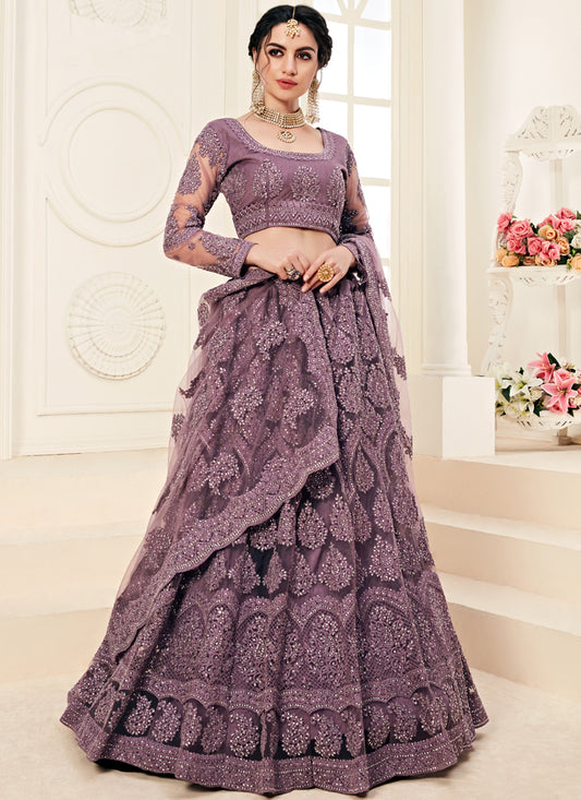Lavender Heavy Butterfly Net Embroidered Wedding Wear Lehenga