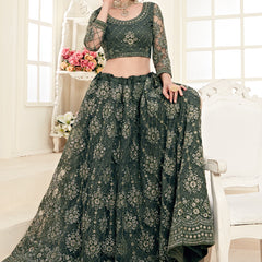 Mehendi Green Heavy Butterfly Net Embroidered Wedding Wear Lehenga