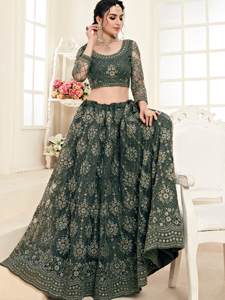 Mehendi Green Heavy Butterfly Net Embroidered Wedding Wear Lehenga