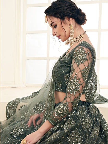 Mehendi Green Heavy Butterfly Net Embroidered Wedding Wear Lehenga