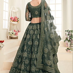Mehendi Green Heavy Butterfly Net Embroidered Wedding Wear Lehenga