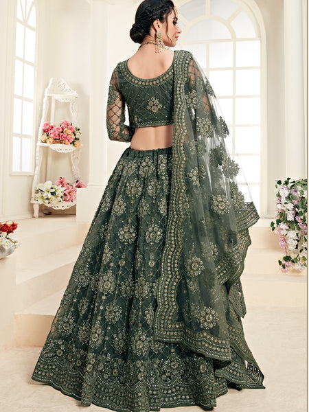 Mehendi Green Heavy Butterfly Net Embroidered Wedding Wear Lehenga