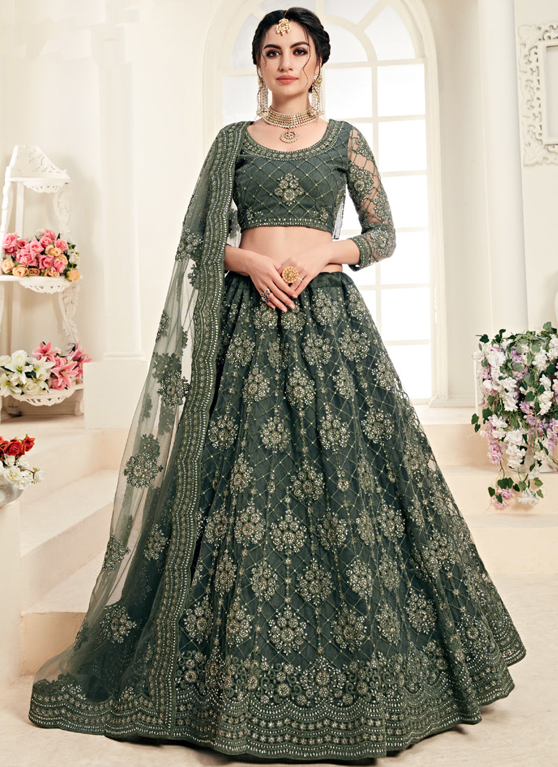 Mehendi Green Heavy Butterfly Net Embroidered Wedding Wear Lehenga