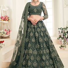 Mehendi Green Heavy Butterfly Net Embroidered Wedding Wear Lehenga