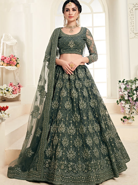 Mehendi Green Heavy Butterfly Net Embroidered Wedding Wear Lehenga