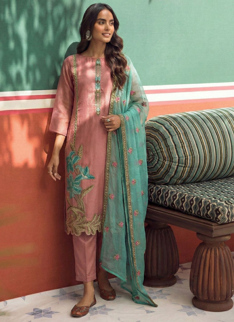 Peach Organza Fancy Zari Party Wear Suit