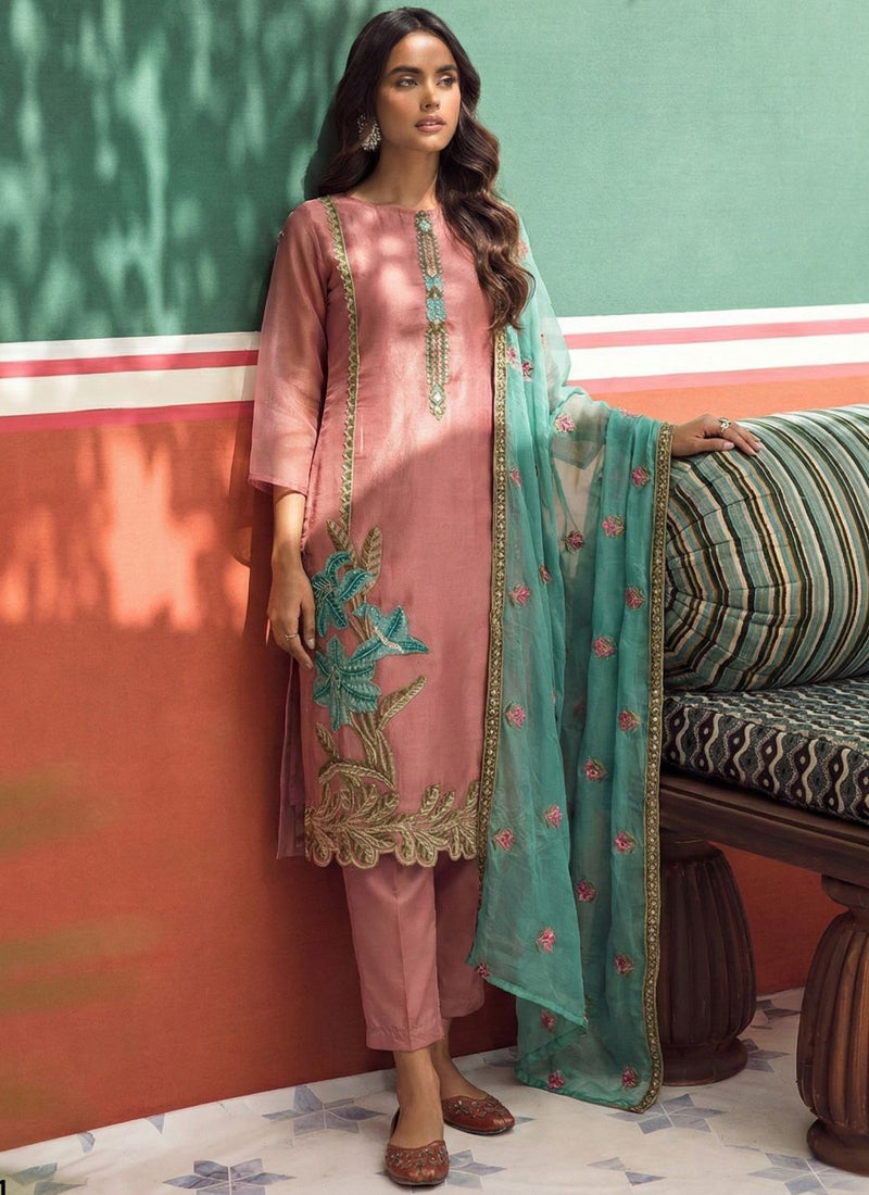 Peach Organza Fancy Zari Party Wear Suit