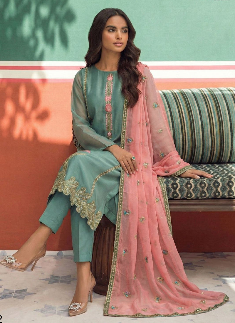Sky Blue Organza Fancy Zari Party Wear Suit