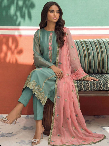 Sky Blue Organza Fancy Zari Party Wear Suit