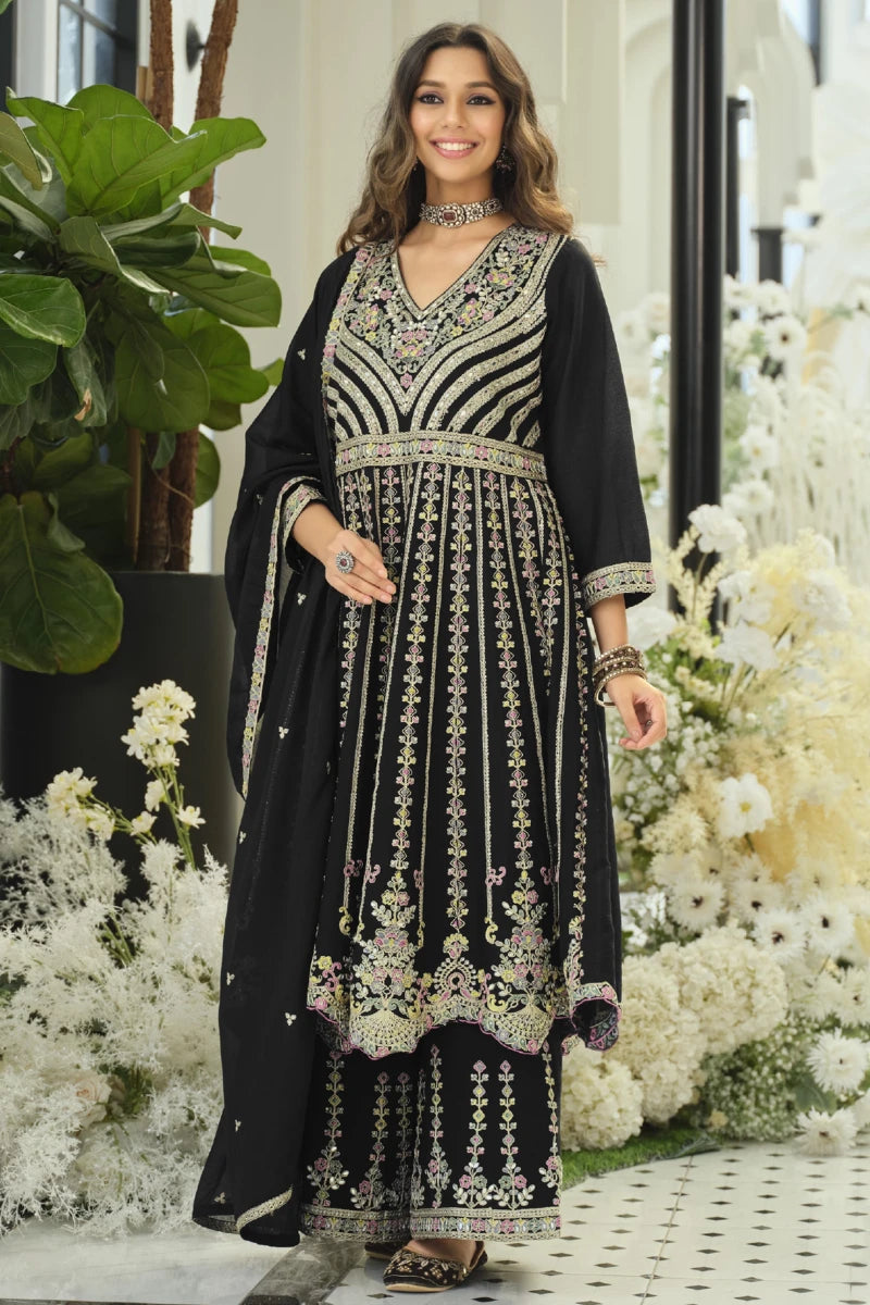Black Embroidered Chinon Palazzo Suit