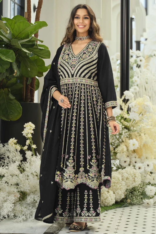 Black Embroidered Chinon Palazzo Suit